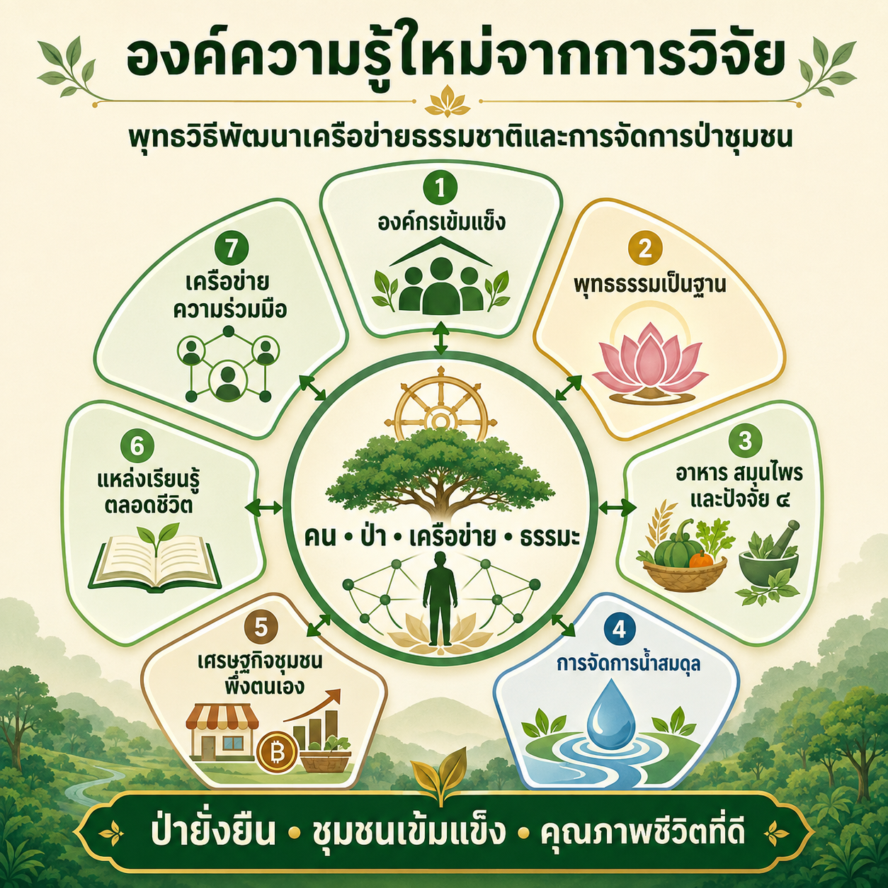 พุทธวิธีพัฒนาเครือข่ายธรรมชาติ ความรู้และการจัดการป่าชุมชนต้นแบบชุมชนสามหนอง จังหวัดอุดรธานี